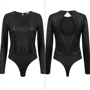 Guess Los Angeles Black Metallic Pleated Long Sleeve Open Back Bodysuit Medium